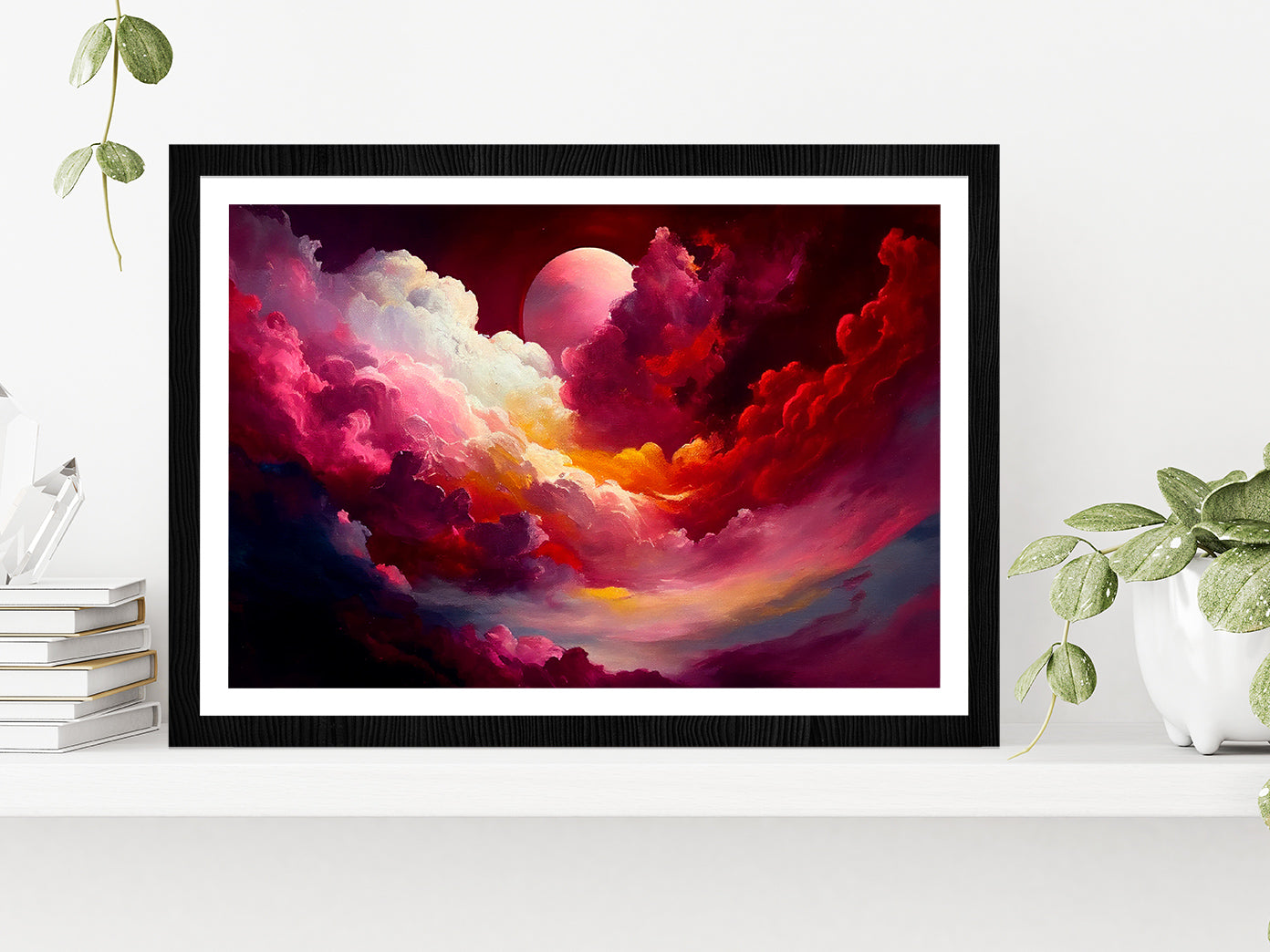 Red Mixed Colorful Cloudy Sky With Moon Glass Framed Wall Art, Ready to Hang Quality Print With White Border Black