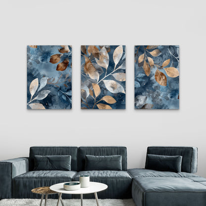 3pcs Navy Blue Botanical Gold Leaf Wall Art Set Canvas Framed 40x60cm - High Quality Print 100% Australian Made Wall Canvas Ready to Hang