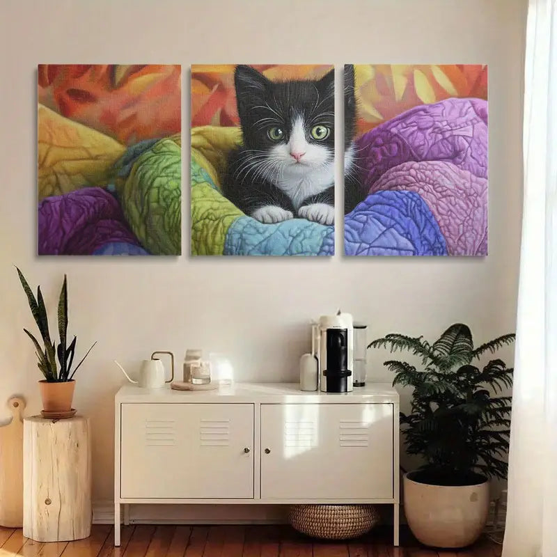 3pcs Vibrant Black and White Kitten with Soft Fur Metal Print Ready to Hang Art