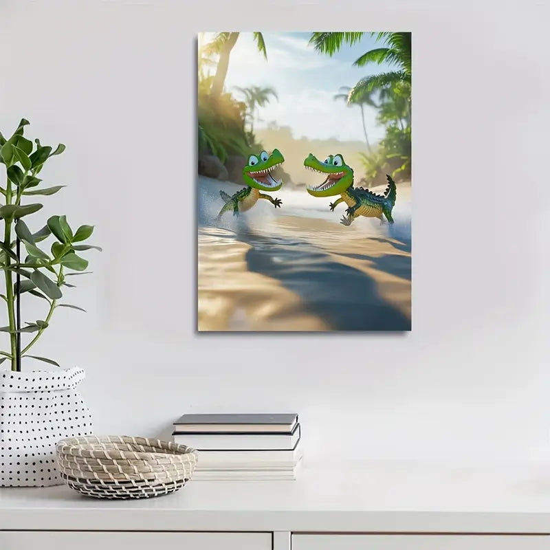 Cartoon Crocodiles Chasing Each Other 40x60cm Metal Print Ready to Hang - Bella Home Decor