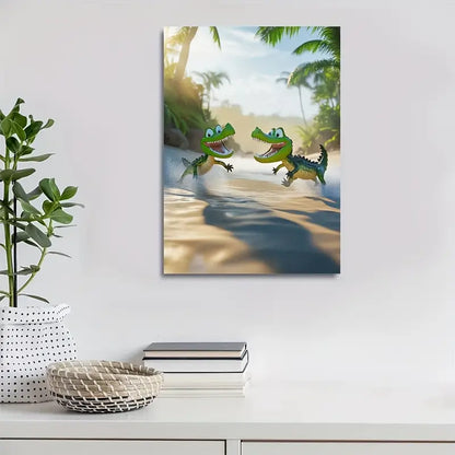 Cartoon Crocodiles Chasing Each Other 40x60cm Metal Print Ready to Hang - Bella Home Decor