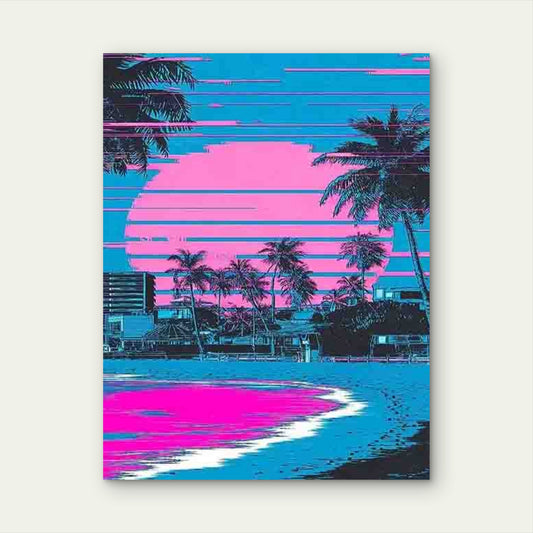 Vibrant Pink & Blue Palm Tree Sunset 60x90cm Metal Print Ready to Hang