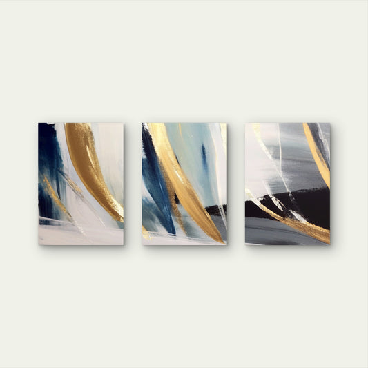 3pcs Navy Gold Foil Metallic Luxury Fluid Wall Art Set Canvas Framed 50x70cm - High Quality Print 100% Australian Made Wall Canvas Ready to Hang