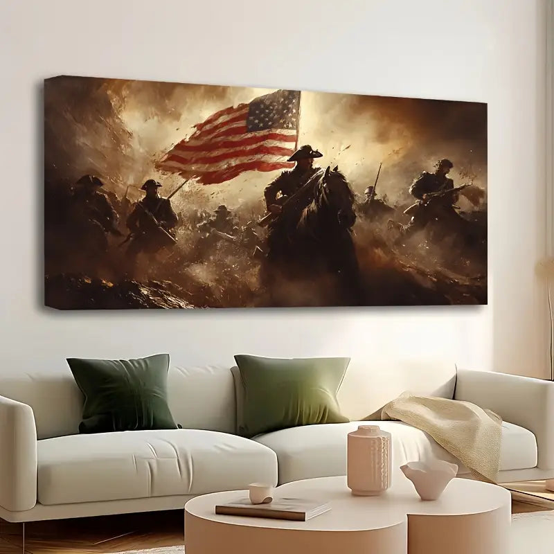 American Revolutionary War Patriotic with Soldiers & Flag Battle Scene Wall Art wall canvas office home room framed 120x60cm