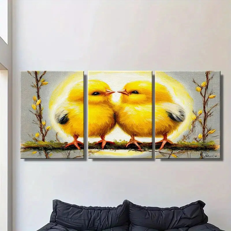 3pcs Two Yellow Chicks In Love With Floral Branche Metal Print Ready to Hang Art