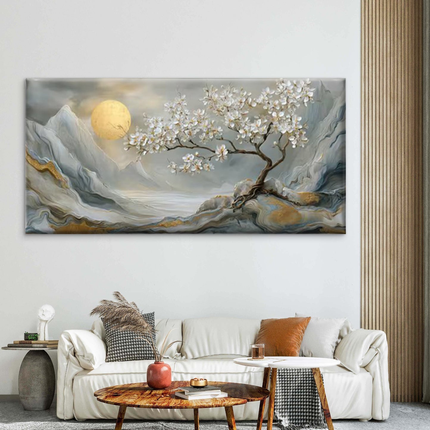 Golden Moon & White Floral Tree Wall Art Canvas Office Home Room Framed 120x60cm