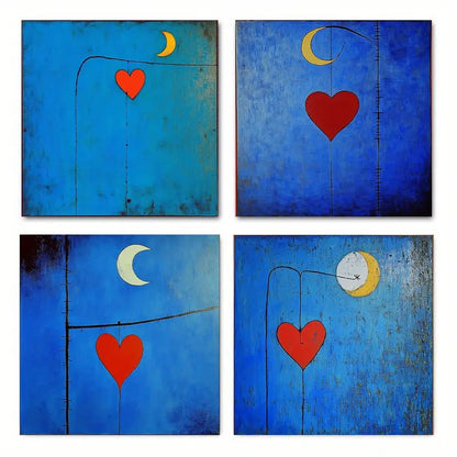 4pcs Abstract Blue Love Heart Wall Art Canvas Framed