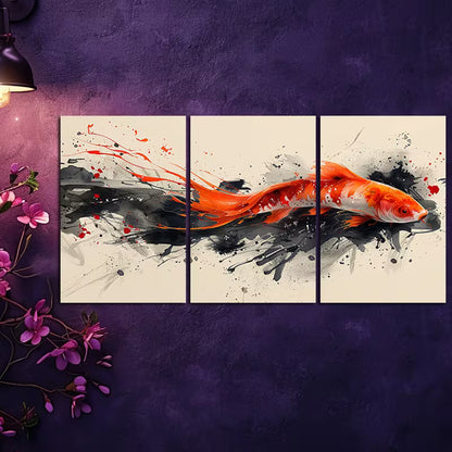 3pcs Koi Fish in Black & Orange Ink Splashes Wall Art Set Canvas Framed 40x60cm - High Quality Print 100% Australian Made Wall Canvas Ready to Hang