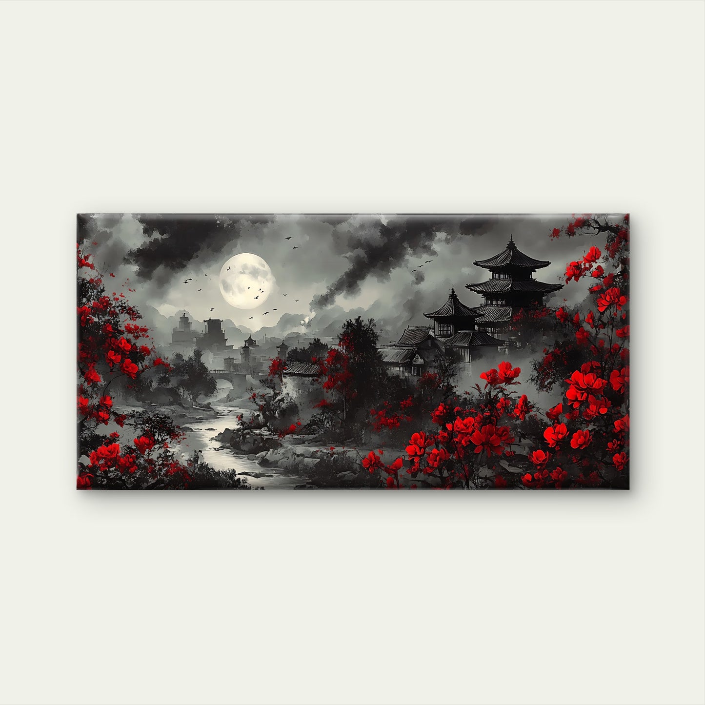 Japanese Riverside Pagoda Wall Art Canvas Office Home Room Framed 120x60cm