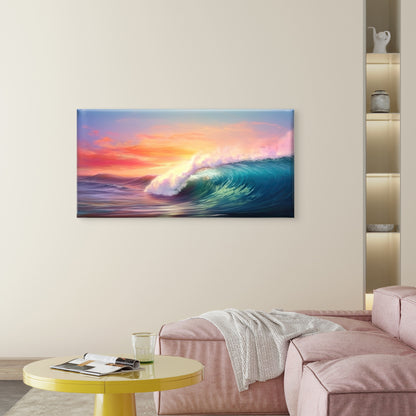 Sunset Ocean Wave Breaking Seascape Coastal Sunset Art Wall Art Canvas Office Home Room Framed 120x60cm
