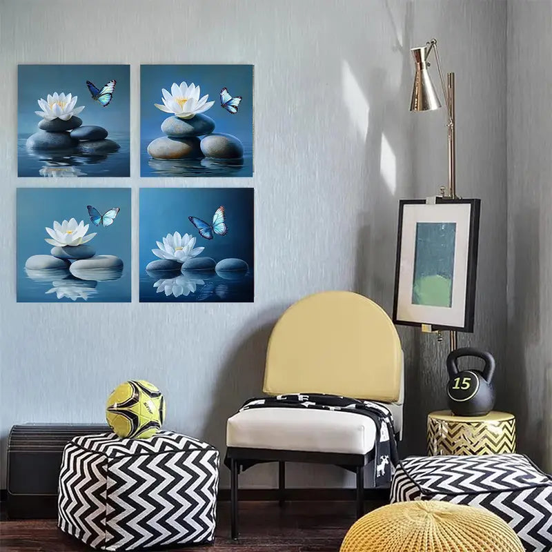 V4pcs  Blue for Lotus & Butterfly Stone  BL   Wall Art Canvas Framed