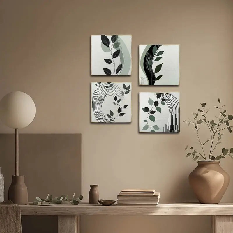 4pcs Summer Decor With Green Leaves Wall Art Canvas Framed