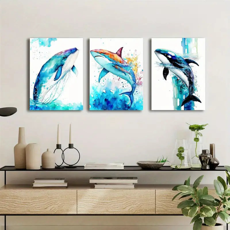 3pcs Whale And Shark Ocean Art Canvas Prints Metal Print Ready to Hang Art