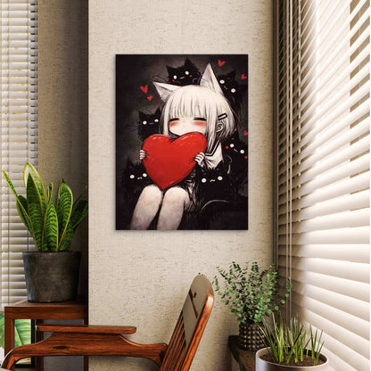 Charming Cat Girl Holding a Heart Design 40x60cm Metal Print Ready to Hang - Bella Home Decor