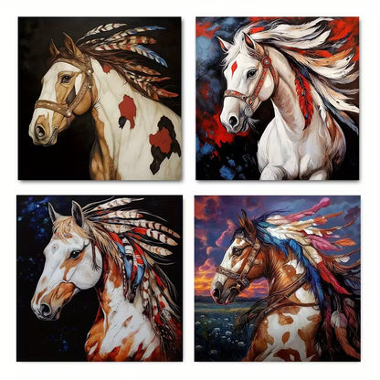 4pcs Horse Head Vibrant Colorful Feathers d Wall Art Canvas Framed