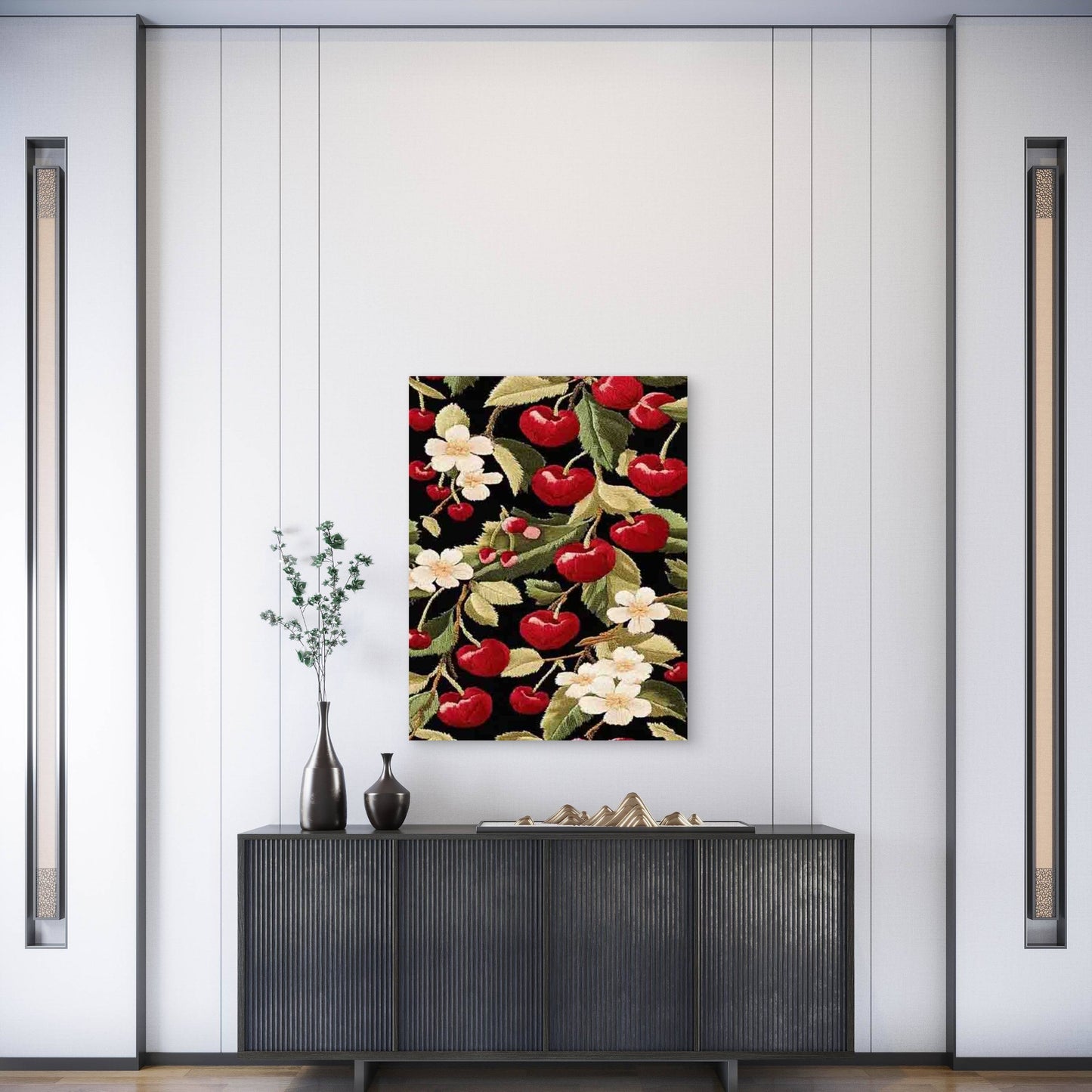 Cherry Blossom Floral Embroidery Metal Print Ready to Hang - Bella Home Decor