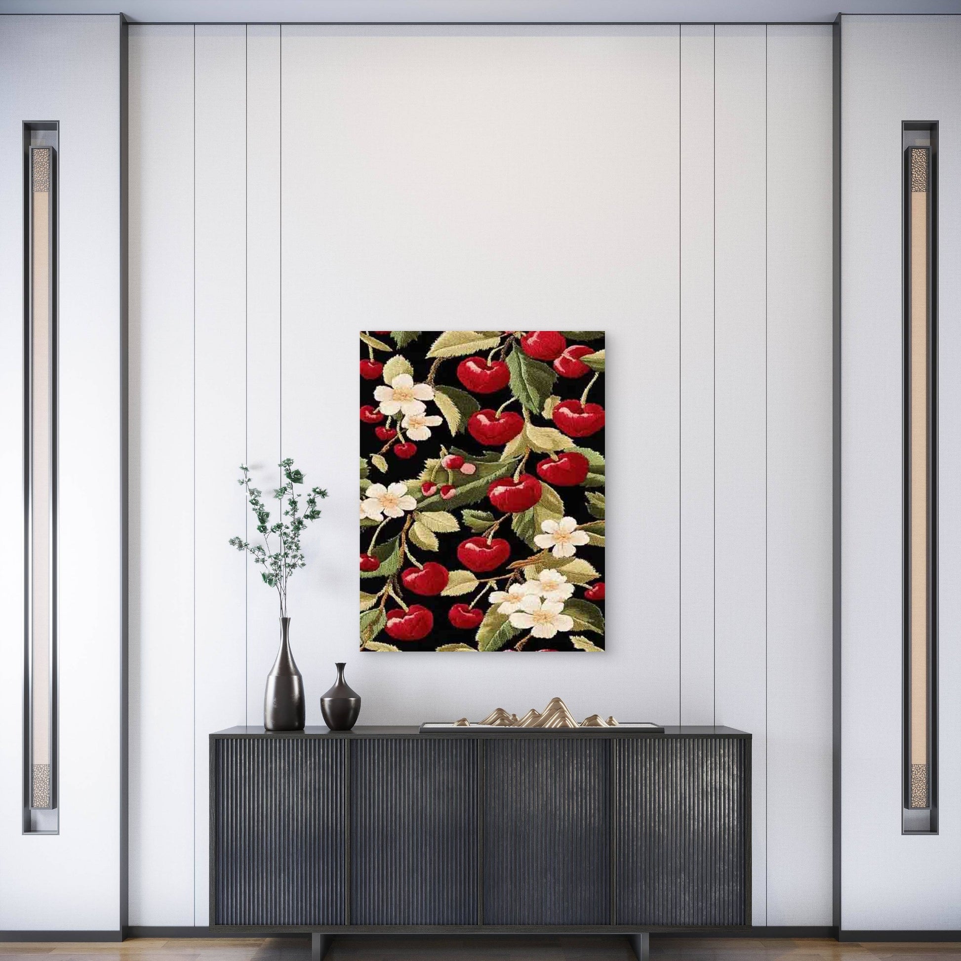 Cherry Blossom Floral Embroidery Metal Print Ready to Hang - Bella Home Decor