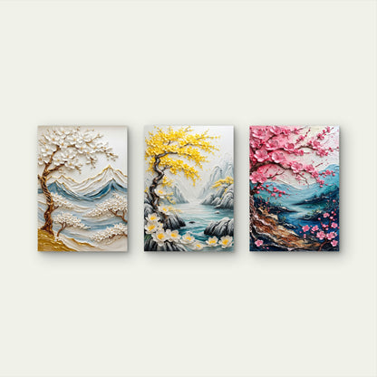 3pcs Textured Floral Landscape And Blossoming Trees Painting Wall Art Set Canvas Framed 40x60cm - High Quality Print 100% Australian Made Wall Canvas Ready to Hang