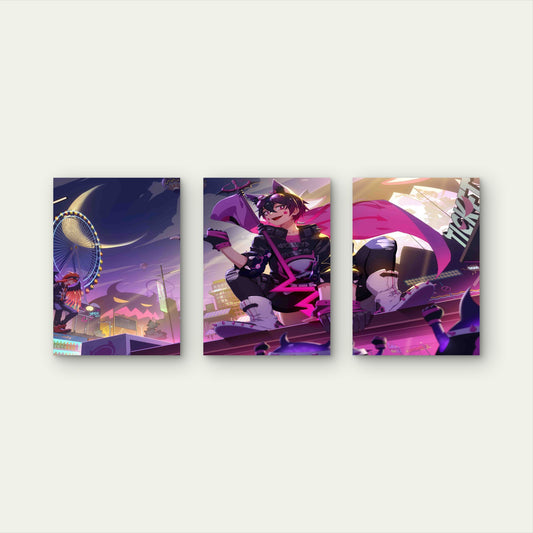 3pcs Cyberpunk Amusement Park Neon Night Metal Print Ready to Hang Art