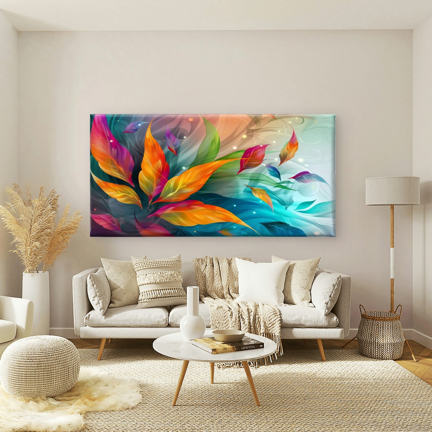 Vibrant Abstract Leaf Artwork Wall Art Canvas Office Home Room Framed 120x60cm