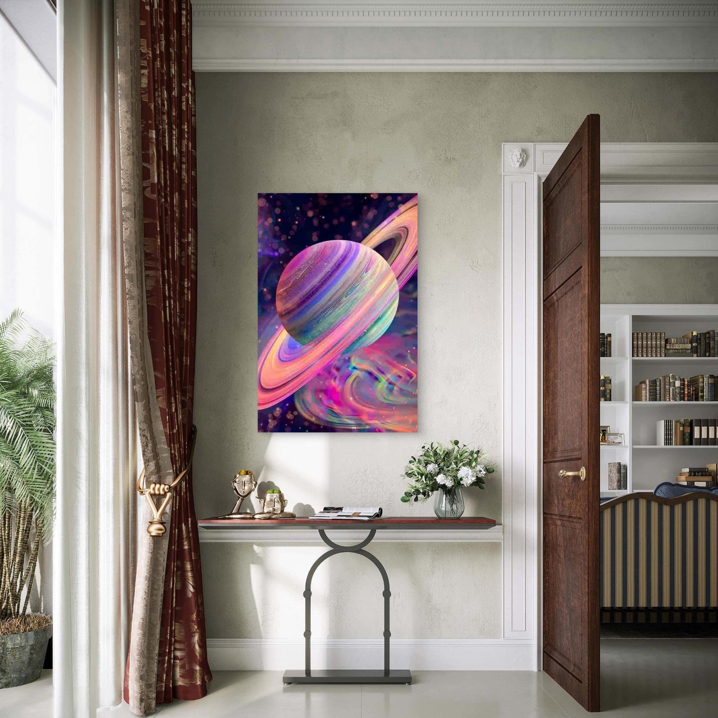 Saturn-Like Ringed Planet & Cosmic Nebula 60x90cm Metal Print Ready to Hang - Bella Home Decor