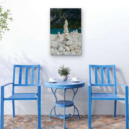 Stack Of White Stones On A Rocky Shore 60x90cm Metal Print Ready to Hang
