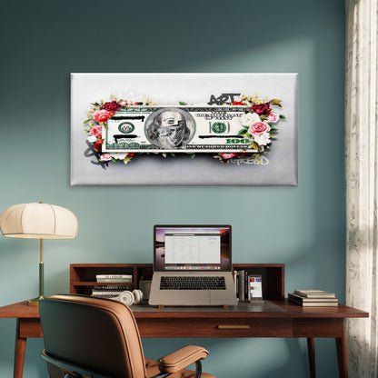Floral One Hundred Dollar Bill Wall Art Canvas Office Home Room Framed 120x60cm