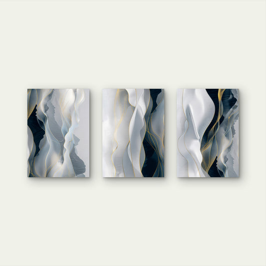 3pcs Black White Gold Fluid Ribbon Abstract Wall Art Set Canvas Framed 60x90cm - High Quality Print 100% Australian Made Wall Canvas Ready to Hang