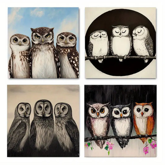 4pcs Owls Print Black And White Animals Picture Wall Art Canvas Framed