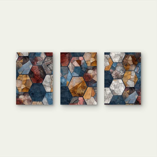 3pcs Abstract Modern Geometric Hexagon Mosaic  Wall Art Set Canvas Framed 40x60cm - High Quality Print 100% Australian Made Wall Canvas Ready to Hang