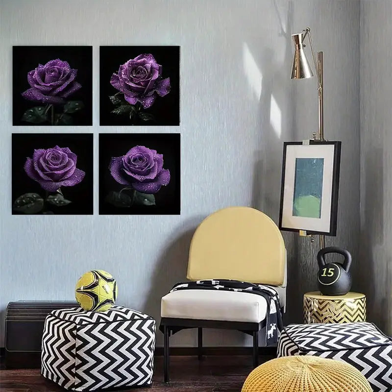 4pcs  Purple Flower Dew Decorative  fy    Wall Art Canvas Framed