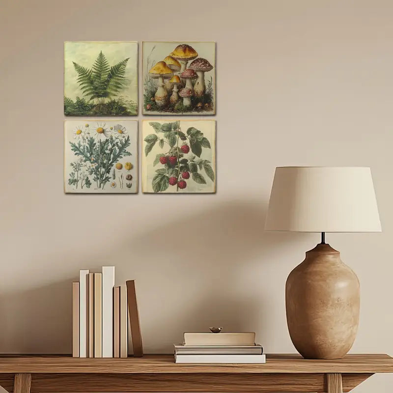 4pcs Farmhouse Decoration Summer,Mushroom Wall Art Canvas Framed