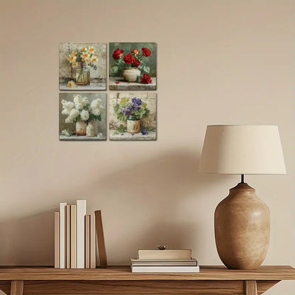 4pcs Garden Artificial Flower Sign,Neutral Tones Wall Art Canvas Framed