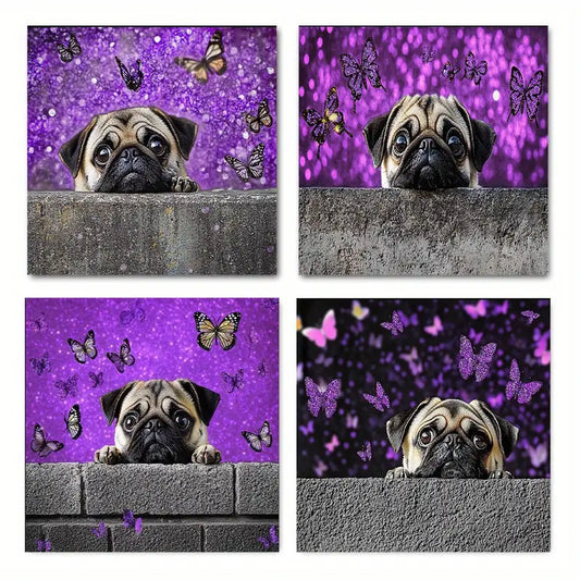 4pcs  Cute pugs and butterflies Picture Wall Art Canvas Framed