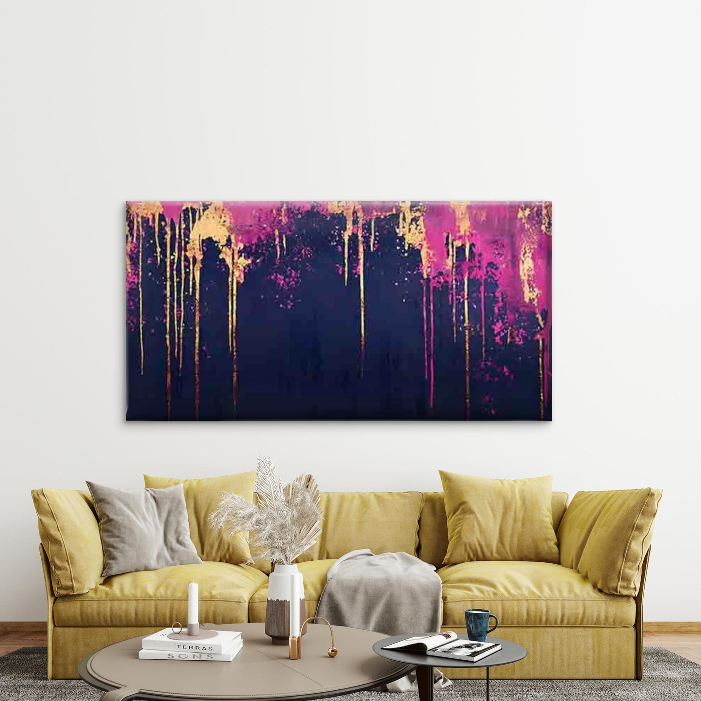Dark Background with Gold Drip Wall Art Canvas Office Home Room Framed 120x60cm - Bella Home Decor
