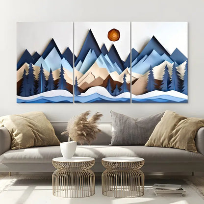 3pcs Minimalist Woodcut Style Mountain Tree Metal Print Ready to Hang Art