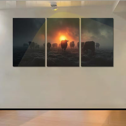3pcs Rustic Sunset Cows and Sheep Wall Art Set Canvas Framed 50x70cm - High Quality Print 100% Australian Made Wall Canvas Ready to Hang