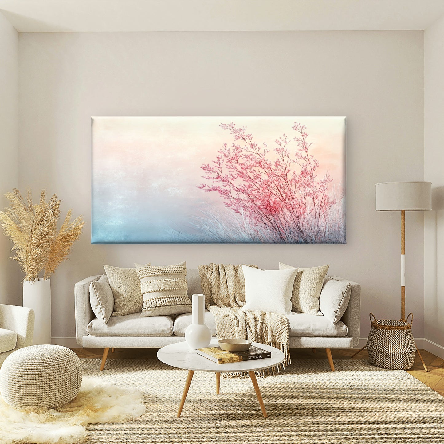 Pink Blossoms In Winter Light Wall Art Canvas Office Home Room Framed 120x60cm
