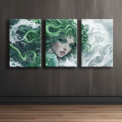 3pcs Green Beautiful Medusa Wall Art Set Canvas Framed 40x60cm - High Quality Print 100% Australian Made Wall Canvas Ready to Hang