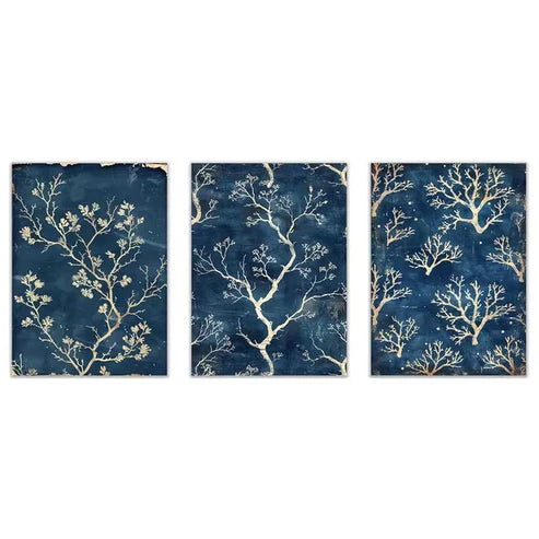 3pcs Blue And White Tree Branches Wall Art Set Canvas Framed 50x70cm - High Quality Print 100% Australian Made Wall Canvas Ready to Hang - Bella Home Decor