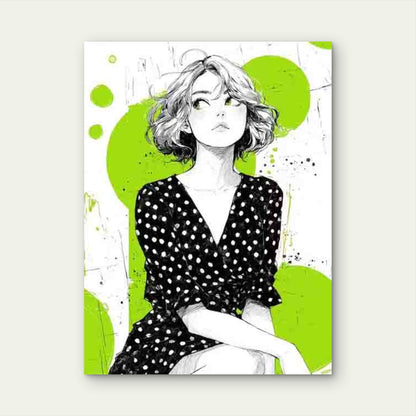 Woman in Black & White Polka Dot Dress Metal Print Ready to Hang