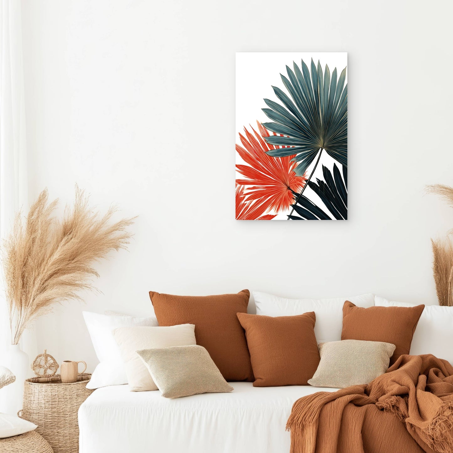 Fan Palm Leaves in Teal and Coral Colors 60x90cm Metal Print Ready to Hang