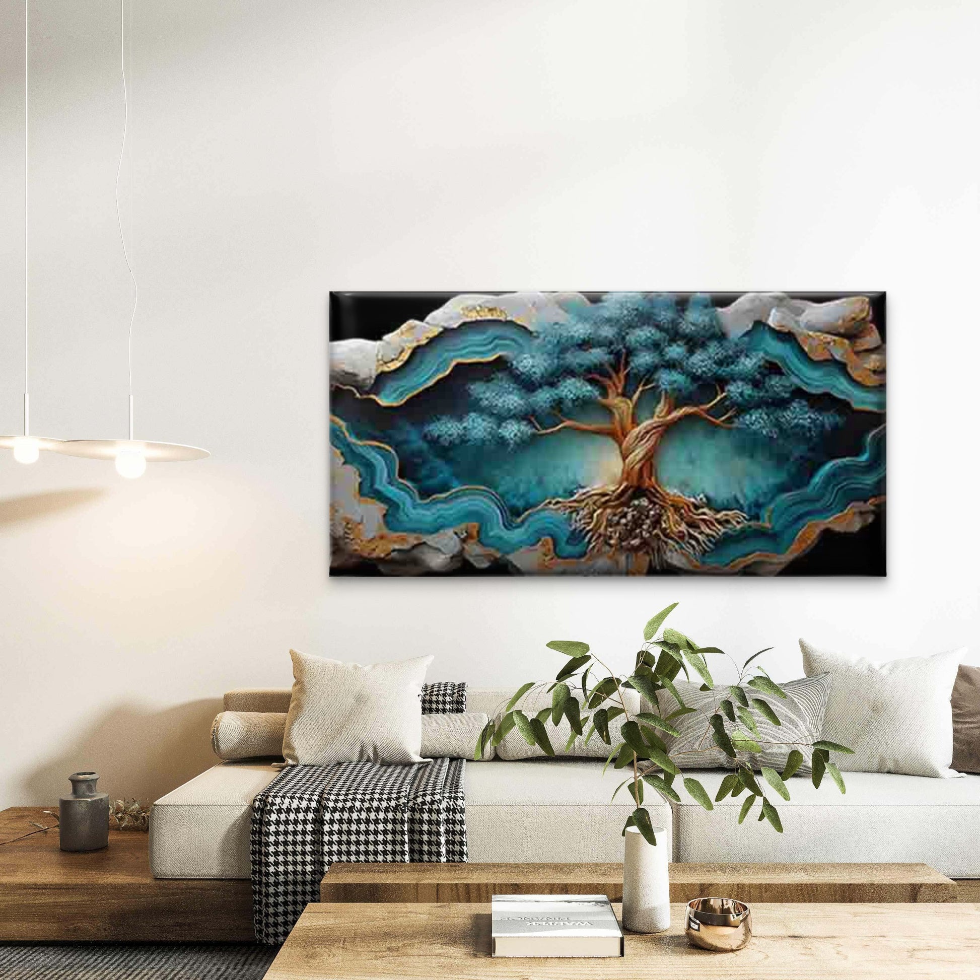 Blue Tree Growing Among Agate Wall Art Canvas Office Home Room Framed 120x60cm - Bella Home Decor
