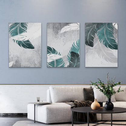 3pcs Boho Teal Gray Feather Abstract Wall Art Set Canvas Framed 40x60cm - High Quality Print 100% Australian Made Wall Canvas Ready to Hang