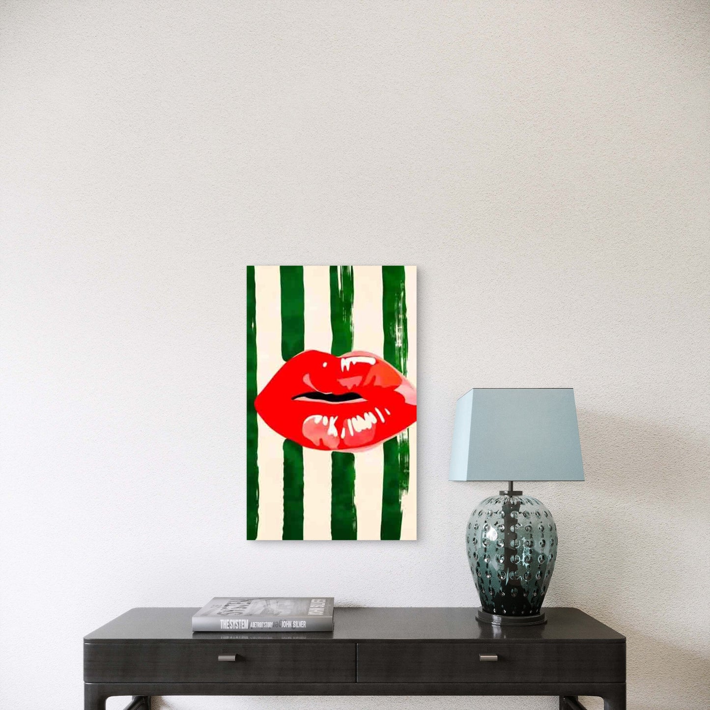 Red Lips In Green And White Stripped Background 60x90cm Metal Print Ready to Hang