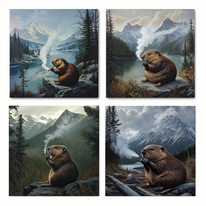 4pcsBeaver Smoking Cigar Wall Art Canvas Framed