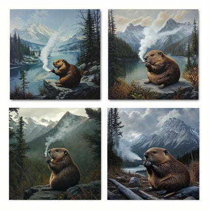 4pcsBeaver Smoking Cigar Wall Art Canvas Framed