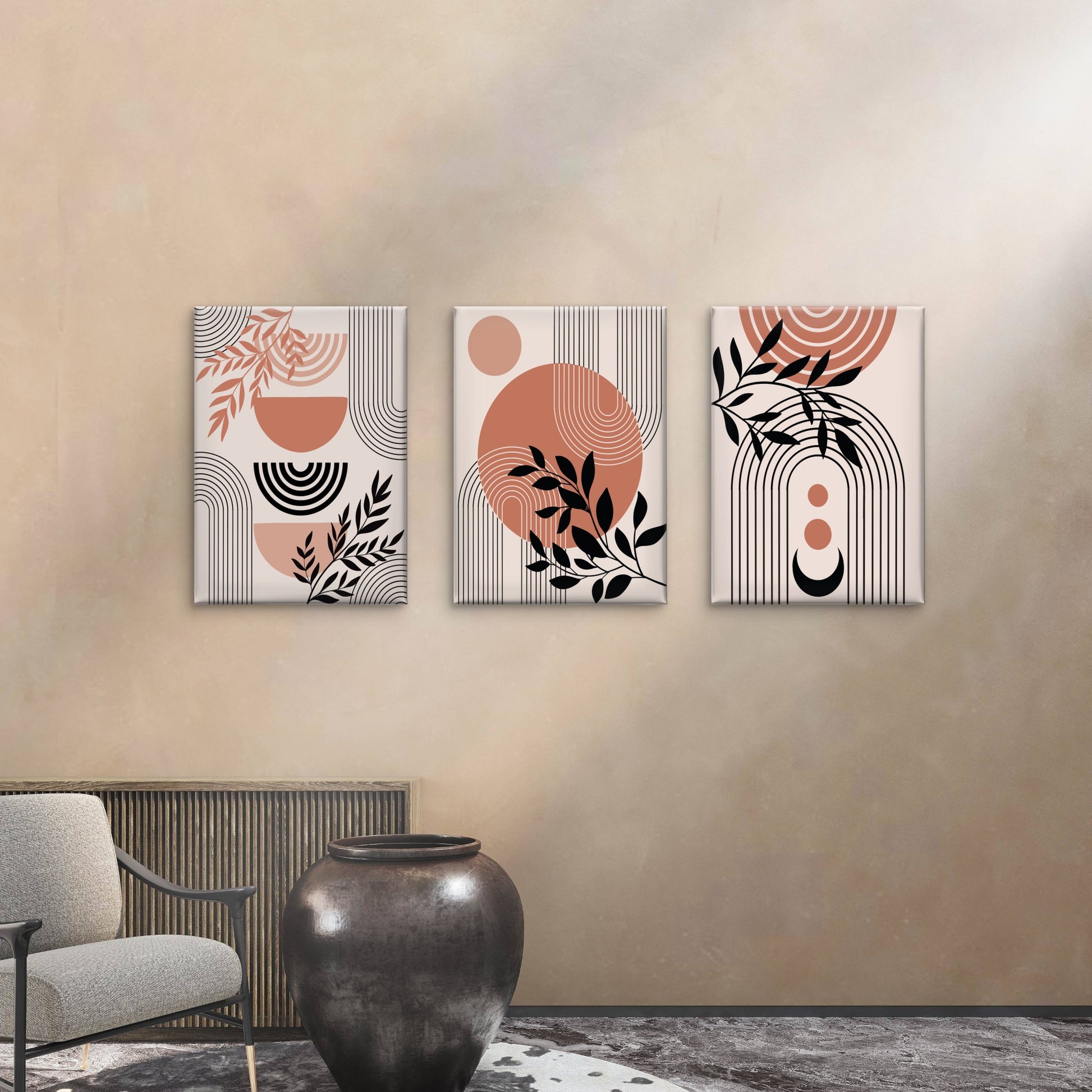 3pcs Terracotta Mid Century Boho Geometric Wall Art Set Canvas Framed 50x70cm - High Quality Print 100% Australian Made Wall Canvas Ready to Hang