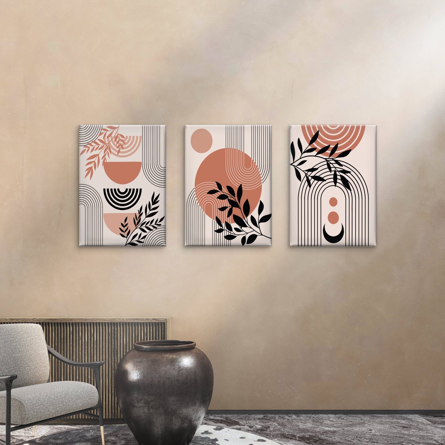 3pcs Terracotta Mid Century Boho Geometric Wall Art Set Canvas Framed 40x60cm - High Quality Print 100% Australian Made Wall Canvas Ready to Hang