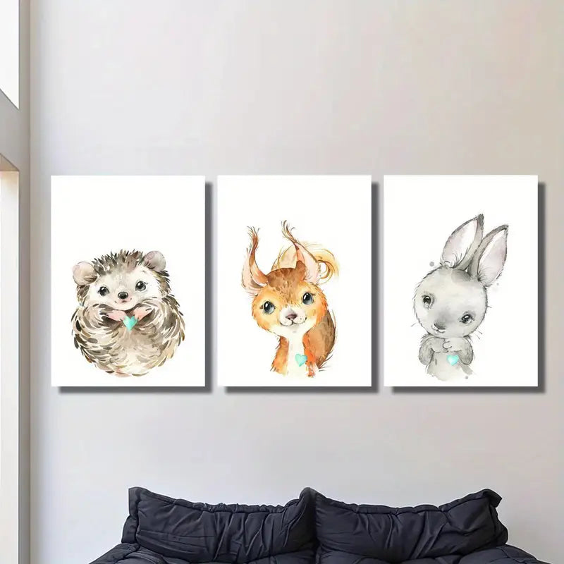3pcs Cute Hedgehog, Squirrel, Bunny Metal Print Ready to Hang Art - Bella Home Decor